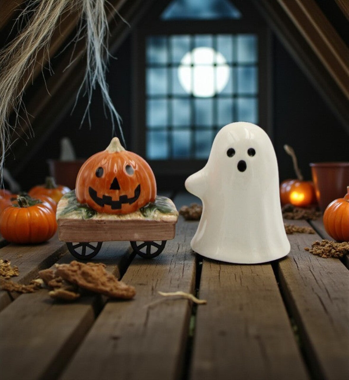 Ceramic Casper the Ghost And Pumpkin Wagon Halloween Salt And Pepper Shakers, Gift for Her or Mom, Kitchen Décor, Fall Décor